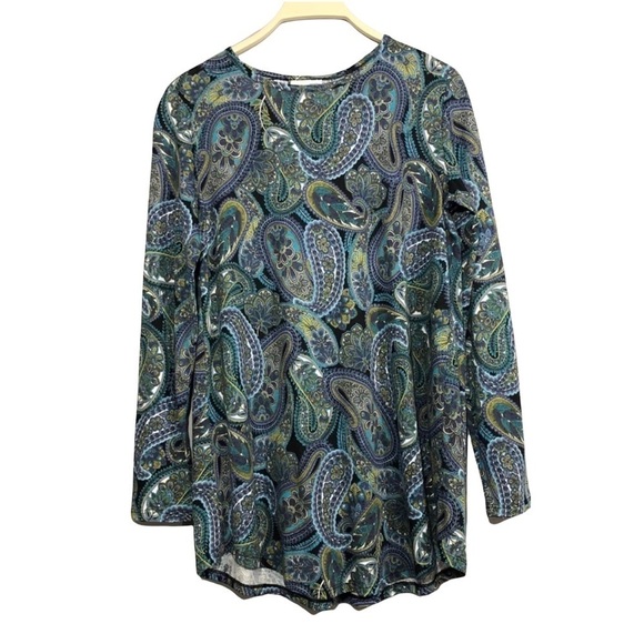 JJill Women TShirt Tunic Size XS Paisley Smocked Long Sleeve Blue Green Retro - Picture 2 of 11